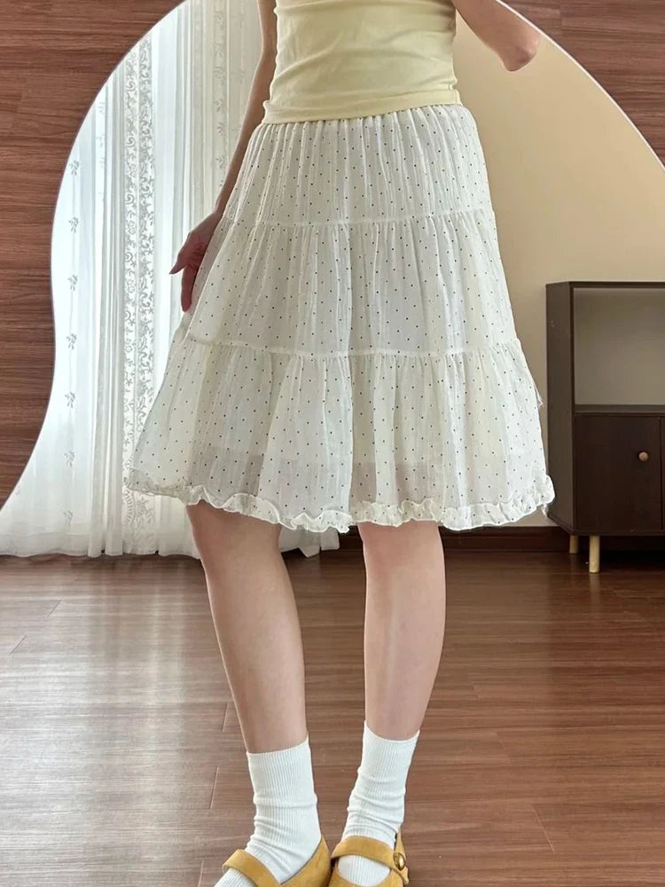 Chiffon Dot Sweet Skirt Women High Waist Fashion Elegant Midi Skirts Summer Female Preppy Style Cute Ruffles Chic A Line Skirt