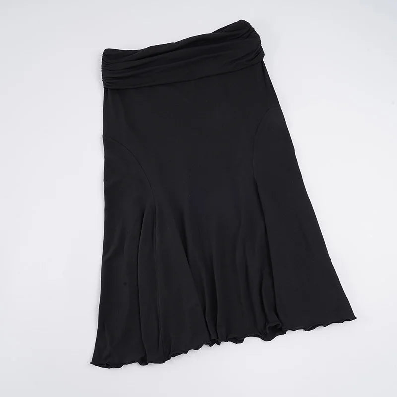 Basic Solid Mermaid Hem Skirts Slim Black Folds Low-Waisted Midi Skirts Women 2025 Summer Fashion Streetwear Lady Party Bottoms