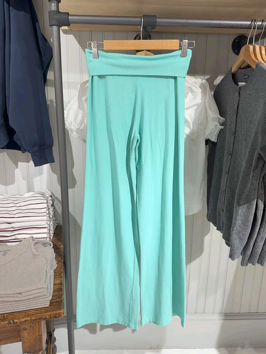 Mint Green Foldover Straight Pants Women Summer Low Waist Cotton Trousers Casual Sweet Girl Preppy Style New Sport Yoga Pants