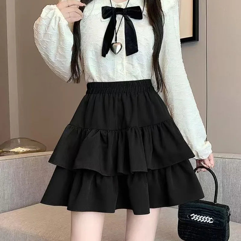 Japanese Y2k Cute Ruffled Plaid Skirt Subculture White Lace Cake Skirts Preppy Casual New Women Princess Puffy Skirts Mini Skirt