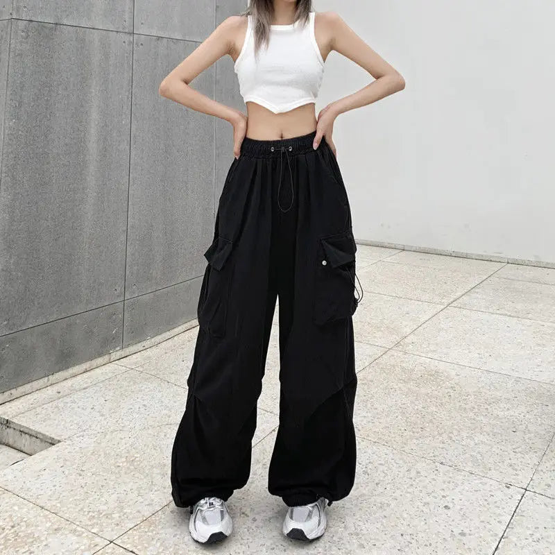 Chic Matching Loose Women's Wide Leg Pants Elastic Waist Drawstring Patchwork Straight Leg Pant Casual Streetwear New Sportswear
