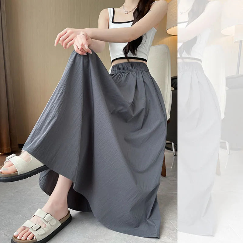 Long Skirt for Women 2026 Summer Casual Elastic High Waist A-line Skirts Female Solid Color Versatile Loose Pockets Midi Skirts