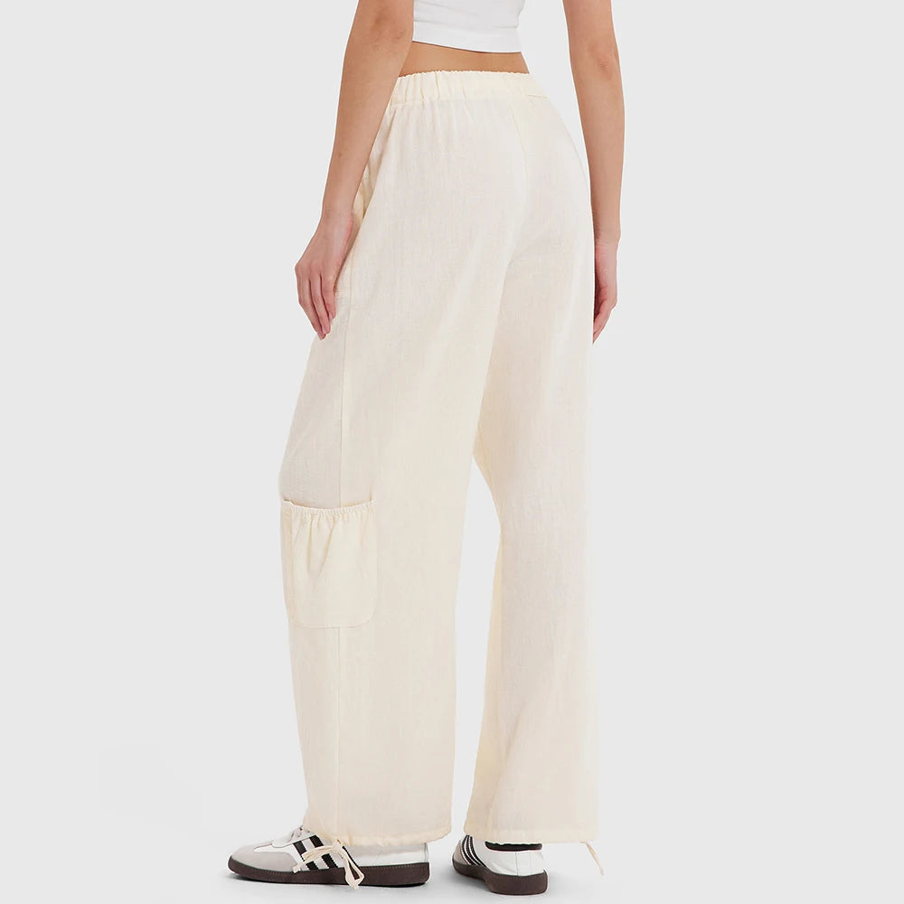 Women Linen Boho Balloon Pants Drawstring Summer Cargo Pants Beach Travel Lounge Pants with Pockets Trousers Mujer