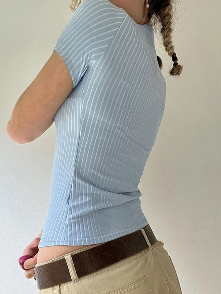 Sweetown Blue Stripe Short Sleeve Shirts For Women Button Up Turn Down Collar Slim Simple Casual Preppy Tops Basic Summer Tees