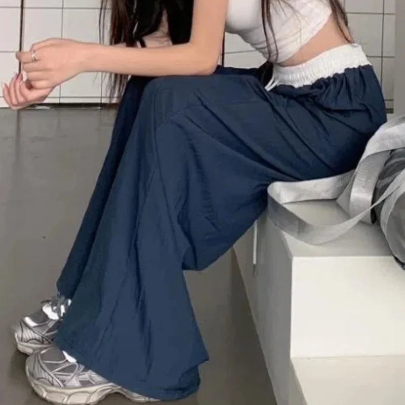 Chic Matching Loose Women's Wide Leg Pants Elastic Waist Drawstring Patchwork Straight Leg Pant Casual Streetwear New Sportswear