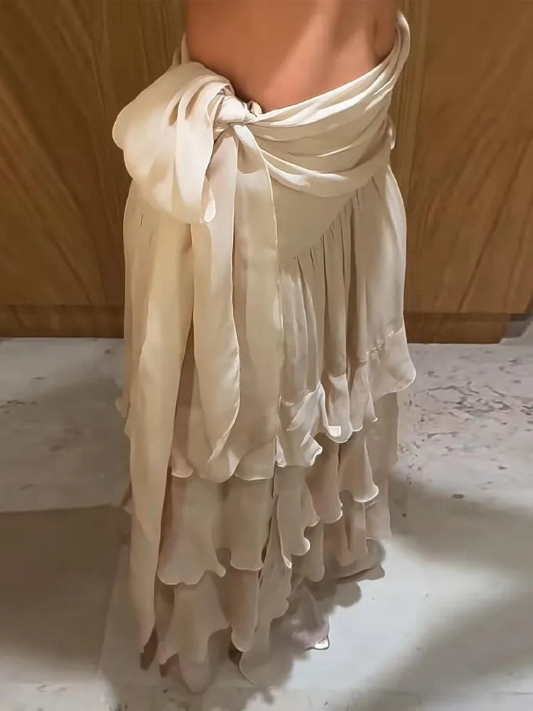 Ruffled Tiered Maxi Skirt Waist Tie High Slit Chiffon French Style Flowy Women Skirts 2026 Spring Summer Solid Fashion Outfits