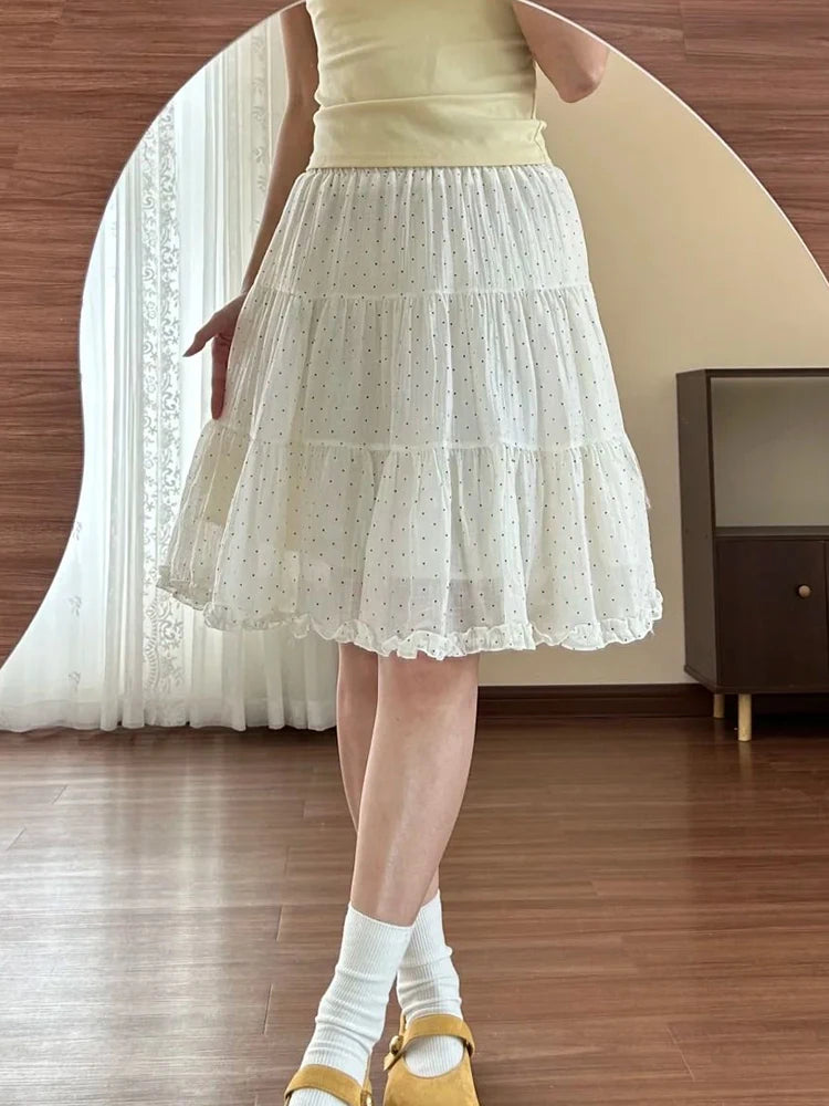 Chiffon Dot Sweet Skirt Women High Waist Fashion Elegant Midi Skirts Summer Female Preppy Style Cute Ruffles Chic A Line Skirt
