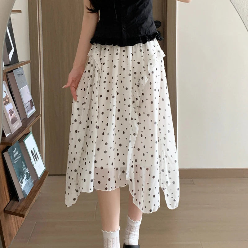 Fashion Irregular Polka Dot Midi Skirt Women Summer Thin High Waist Chiffon Skirts Woman Korean Style White Ruffled A-line Skirt