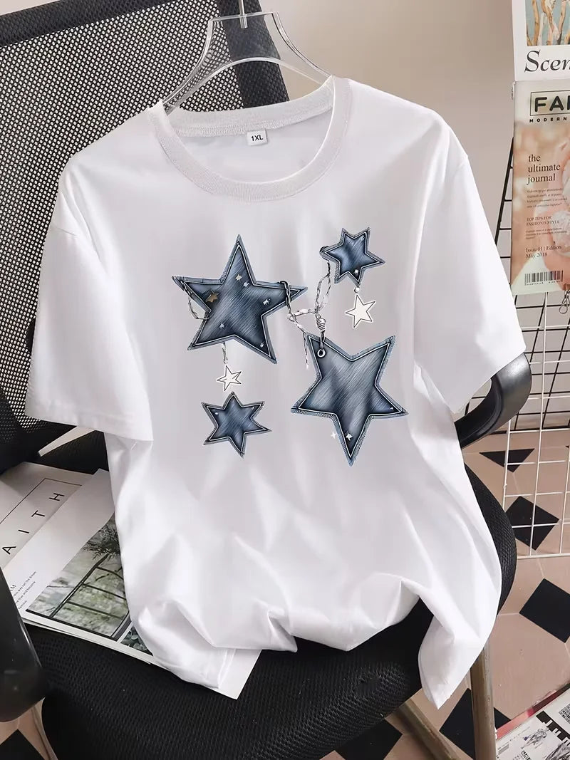 Women's T-shirt,Distressed Denim Star Print Graphic T-Shirt, Casual Crew Neck Short Sleeve Tee,Top for All-Season Daily Wear