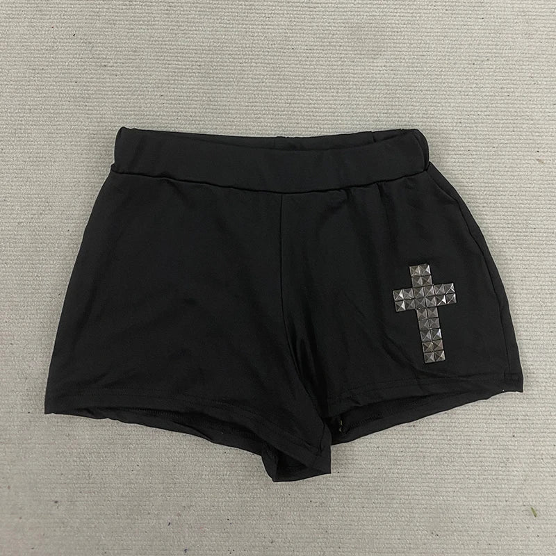 American Gothic Cross Rhinestone Decoration Low Waist Sexy Hot Pants Summer Casual Street Shorts Aesthetic Simple Slim Minipants