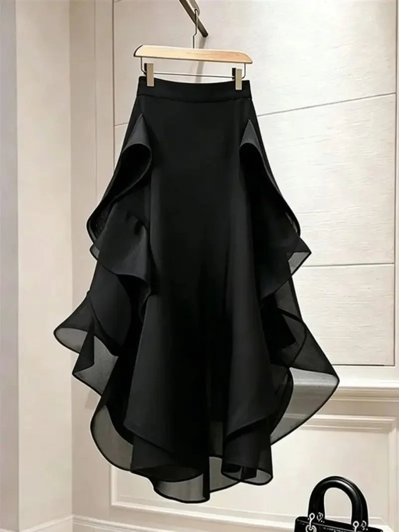 Limiguyue French Retro A-line Mesh Midi Black Skirt Women Summer Trendy Formal Thin High Waist Ruffle Edge Irregular Skirts 099B