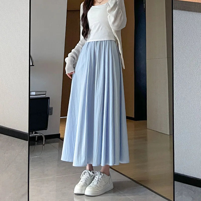 Long Skirt for Women 2026 Summer Casual Elastic High Waist A-line Skirts Female Solid Color Versatile Loose Pockets Midi Skirts