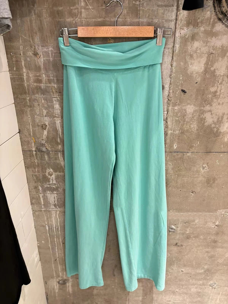 Mint Green Foldover Straight Pants Women Summer Low Waist Cotton Trousers Casual Sweet Girl Preppy Style New Sport Yoga Pants