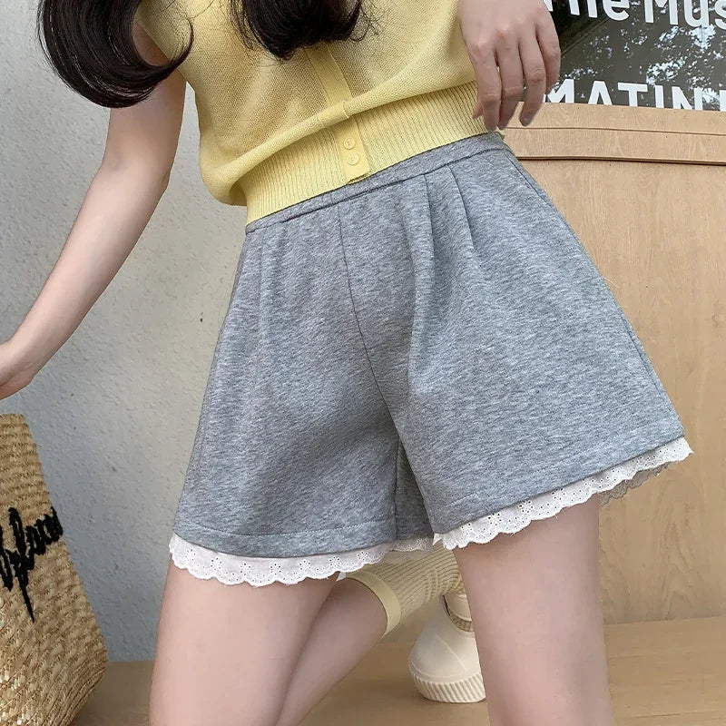 Fashion Lace Patchwork Summer Shorts Women 2025 Chic High Waist Wide Leg Sport Shorts Woman Pocket A Line Short Pants Female