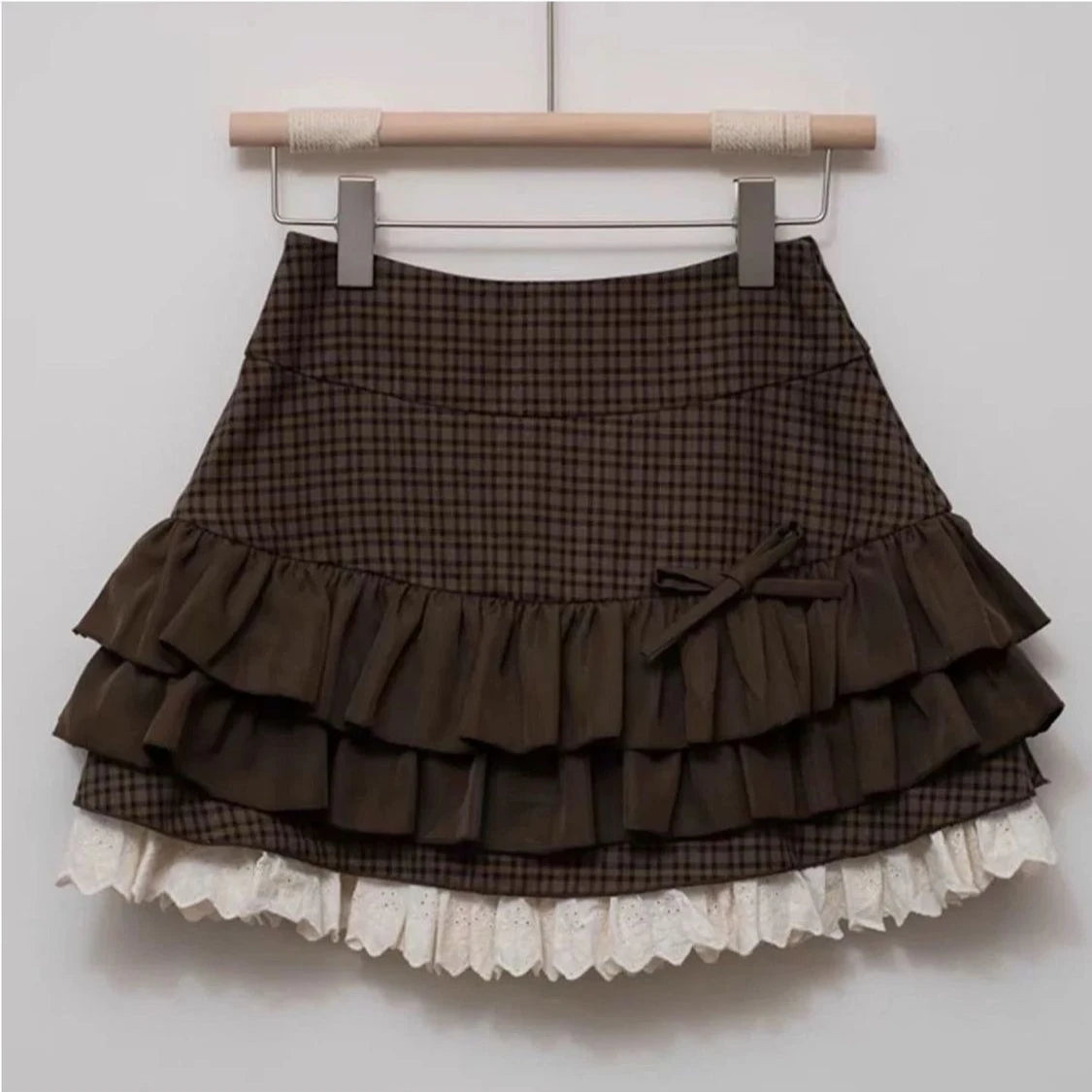 Japanese Sweet Lolita Tiered Mini Skirt Gingham Bow Lace Trim Blue Beige Harajuku Subculture Sweet Kawaii Party Outfit Sweetwear