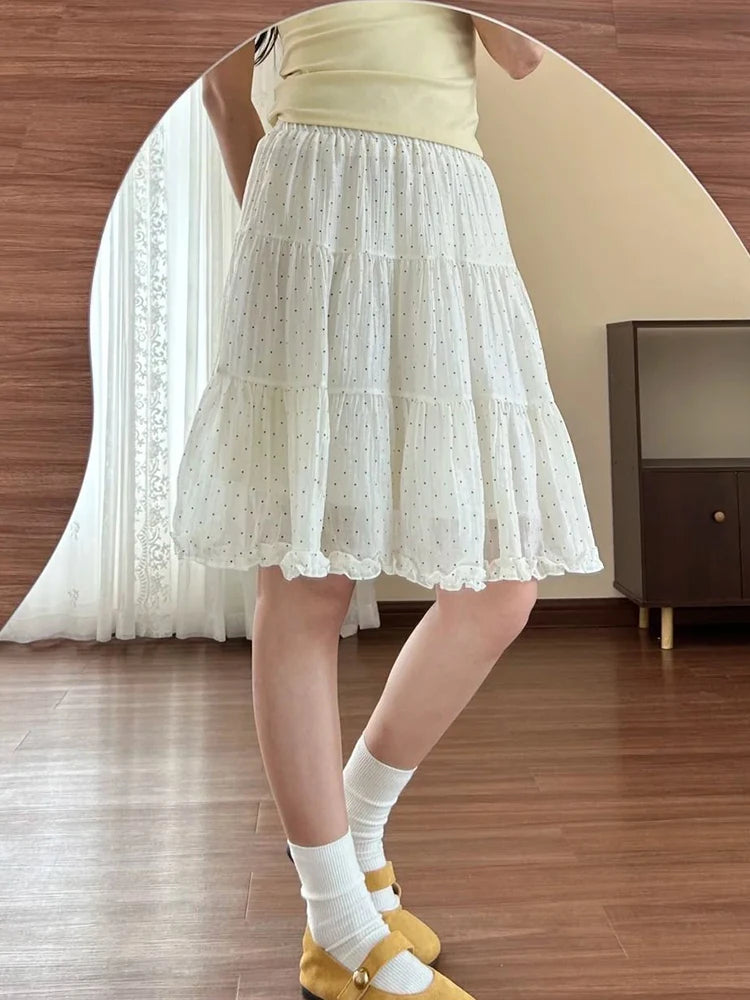 Chiffon Dot Sweet Skirt Women High Waist Fashion Elegant Midi Skirts Summer Female Preppy Style Cute Ruffles Chic A Line Skirt