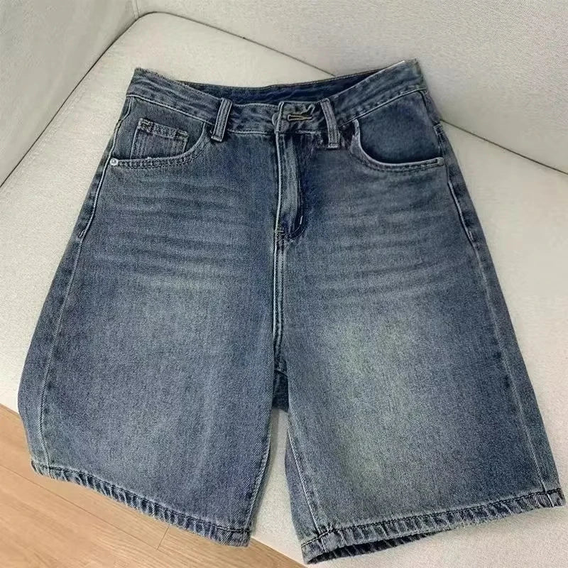 Y2K Retro Washed Blue Denim Bermuda Shorts For Women High‑Rise Loose Wide Leg Knee‑Length Casual Streetwear Jeans Pants