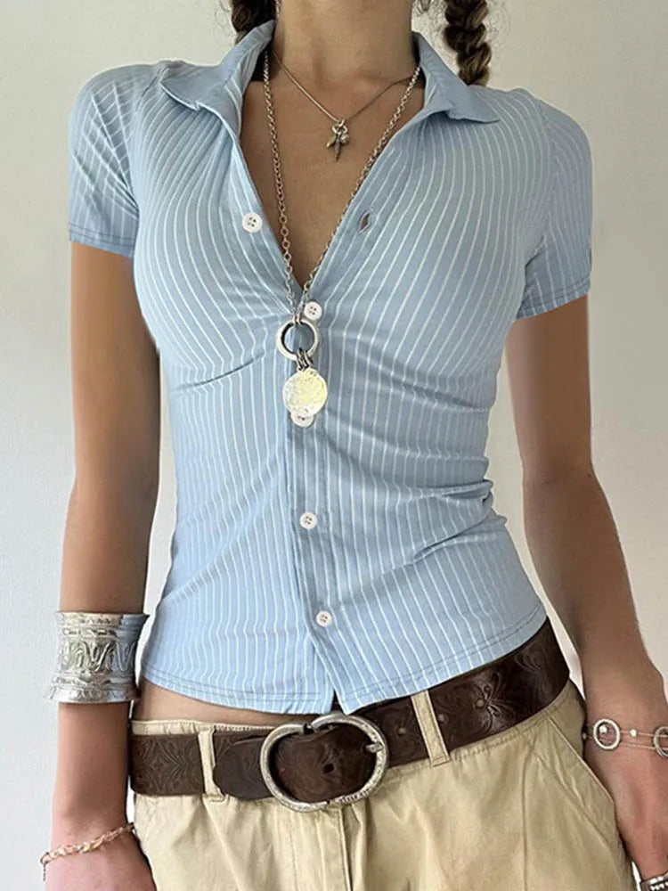 Sweetown Blue Stripe Short Sleeve Shirts For Women Button Up Turn Down Collar Slim Simple Casual Preppy Tops Basic Summer Tees