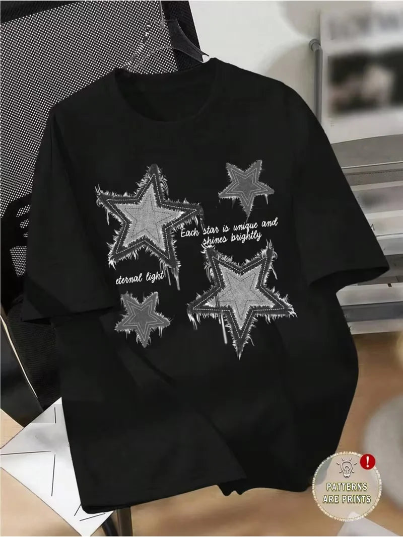 Women's T-shirt,Distressed Denim Star Print Graphic T-Shirt, Casual Crew Neck Short Sleeve Tee,Top for All-Season Daily Wear