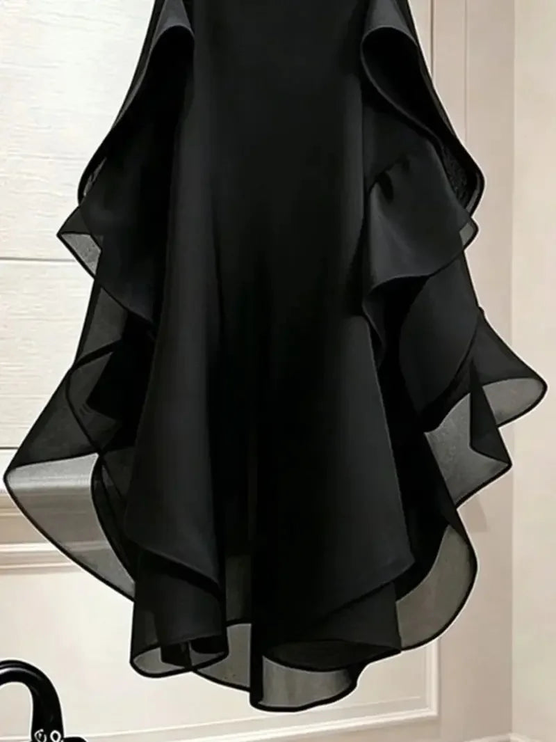 Limiguyue French Retro A-line Mesh Midi Black Skirt Women Summer Trendy Formal Thin High Waist Ruffle Edge Irregular Skirts 099B