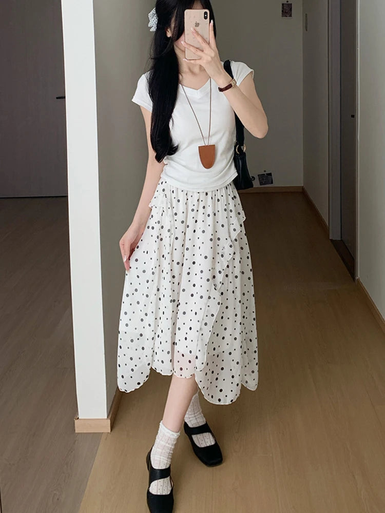 Fashion Irregular Polka Dot Midi Skirt Women Summer Thin High Waist Chiffon Skirts Woman Korean Style White Ruffled A-line Skirt