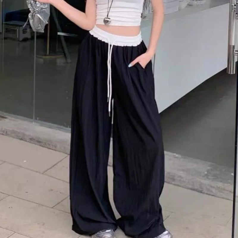 Chic Matching Loose Women's Wide Leg Pants Elastic Waist Drawstring Patchwork Straight Leg Pant Casual Streetwear New Sportswear