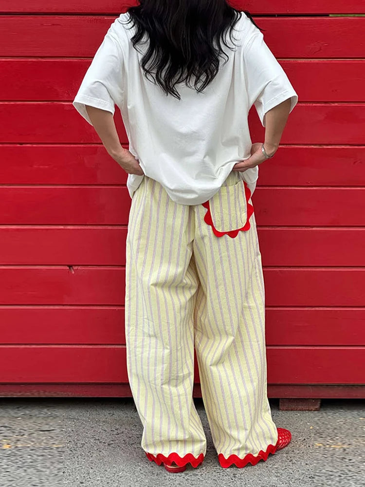 Casual Wavy Hem Women's Pant Striped Elastic Waist Big Pocket Wide Leg Pants 2026 Summer Autumn Fashion Female Trousers Bottoms