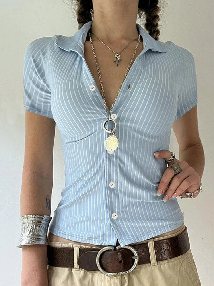 Sweetown Blue Stripe Short Sleeve Shirts For Women Button Up Turn Down Collar Slim Simple Casual Preppy Tops Basic Summer Tees