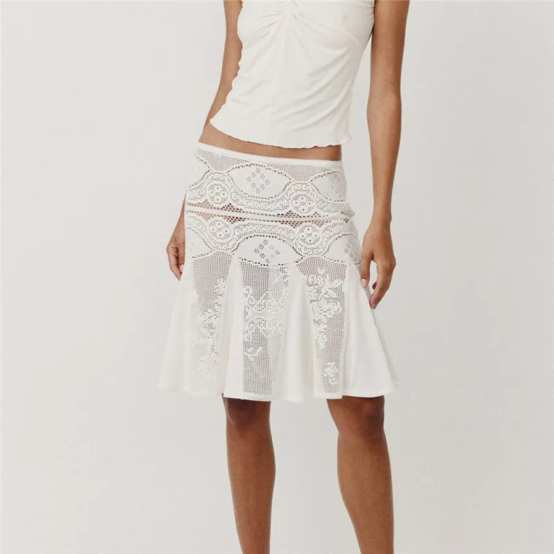 Women Y2K Crochet Lace Midi Skirt Low Waist Hollow Out Floral Mesh See Through Flared Ruffle Hem Skirt Summer Beach Vacation
