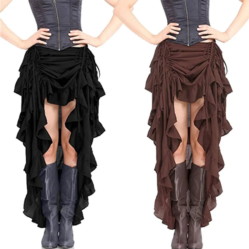 Women Vintage Gothic Long Skirt Sexy High-Low Ruffles Elasticity Pleated Corset Skirts Steampunk Party Pirate Cosplay Costume