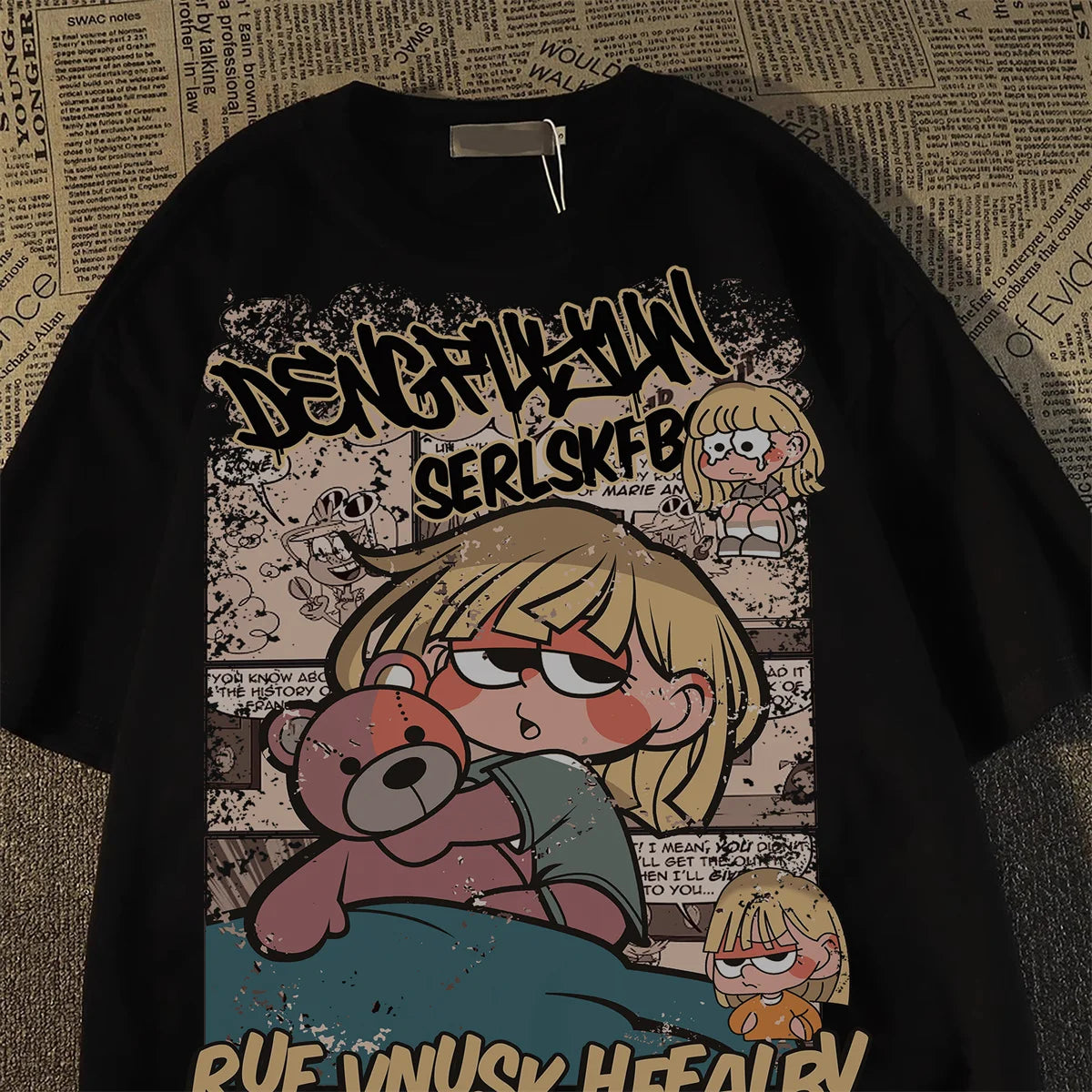 Korean cartoon retro printed short sleeved T-shirt, fashionable plus size loose fitting men's and women's top  shirts for women