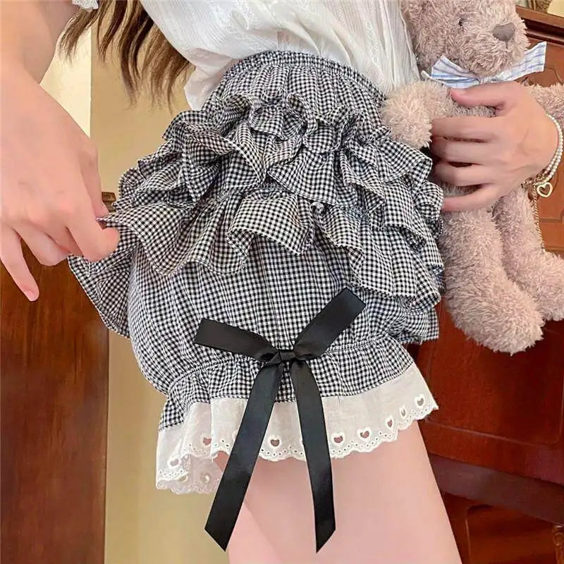 Gingham Bloomer Shorts Women Black White Plaid Pumpkin Shorts with Ribbon Bow Heart Eyelet Ruffle Skort Shorts Lolita Coquette