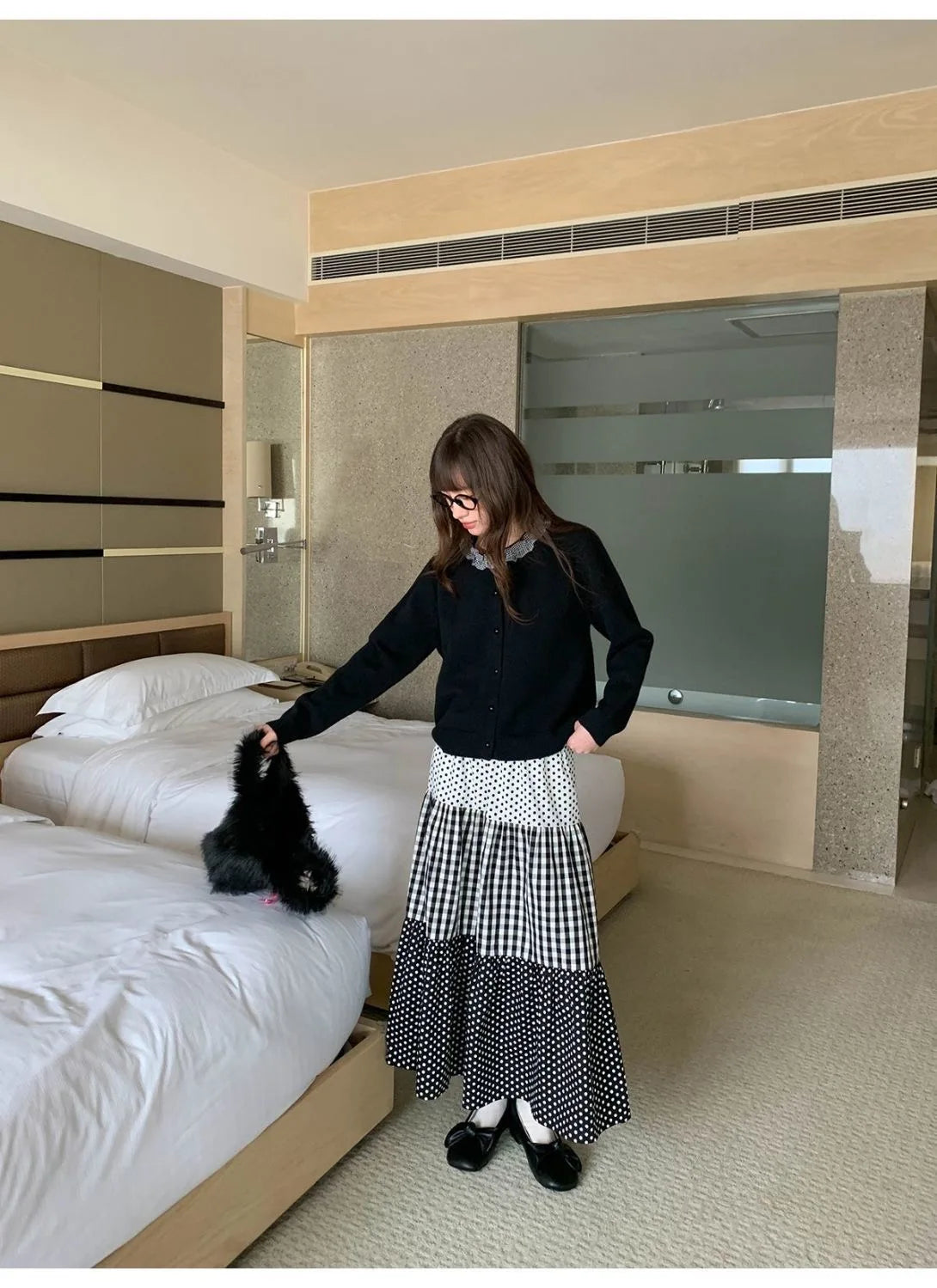 Women Patchwork Maxi Skirt Polka Dot Plaid Tiered Long Skirt Casual Loose High Waist A Line Flowy Beach Vacation Skirts