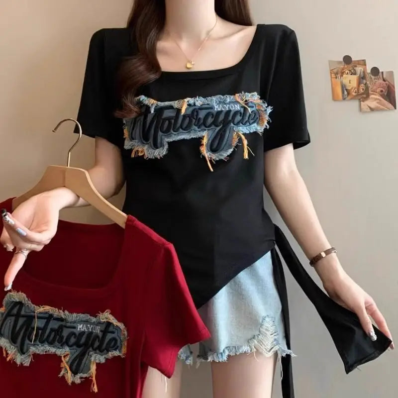 Summer Irregular Patchwork Contrast Letter Trend Tops Short Sleeve Plus Size High Street T Shirts Fashion Casual Women Clothing