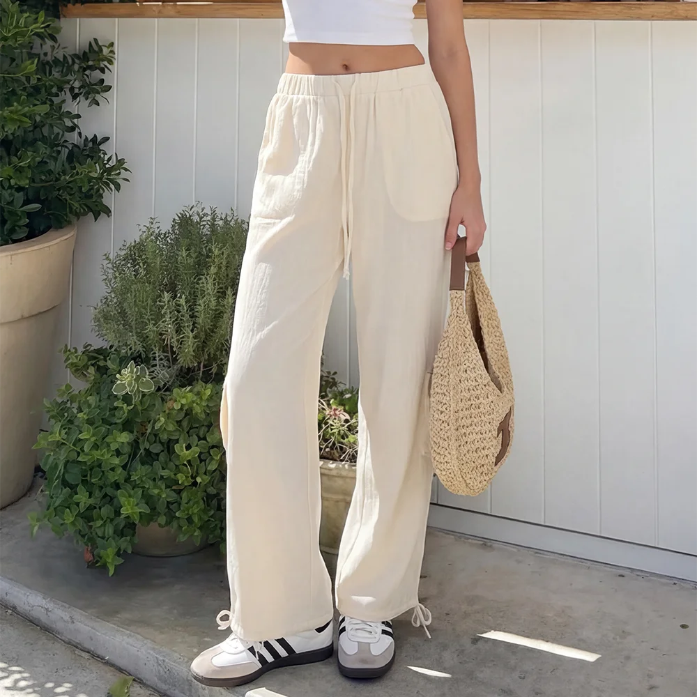 Women Linen Boho Balloon Pants Drawstring Summer Cargo Pants Beach Travel Lounge Pants with Pockets Trousers Mujer