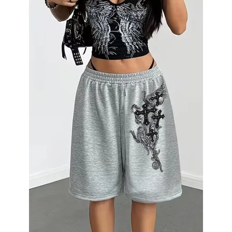 Dark Retro Pattern Printed Women's Casual and Fashionable Y2K Shorts, Unisex Casual Straight Leg Pants