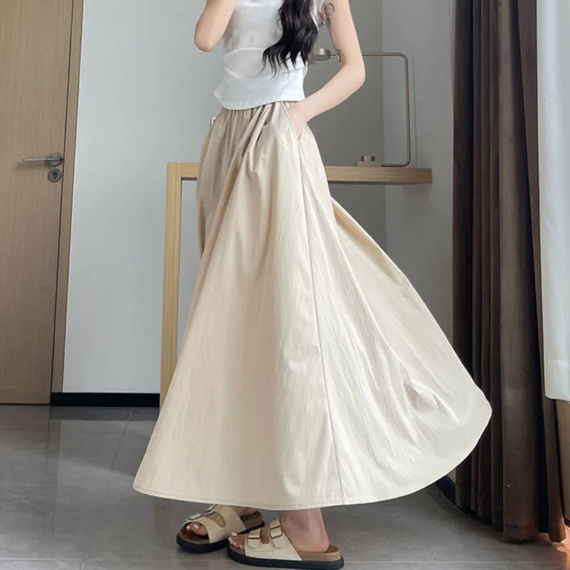 Long Skirt for Women 2026 Summer Casual Elastic High Waist A-line Skirts Female Solid Color Versatile Loose Pockets Midi Skirts