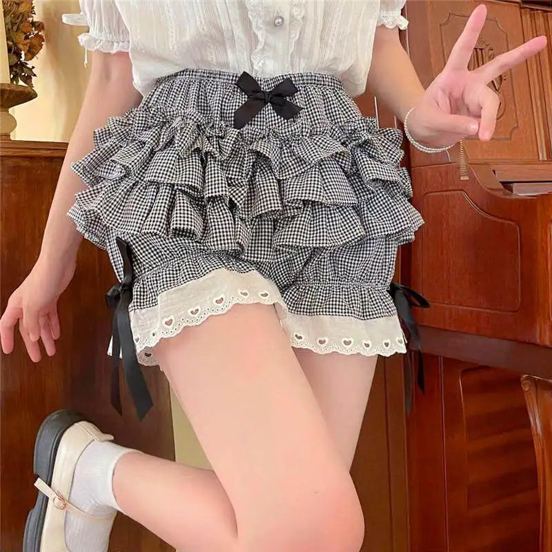 Gingham Bloomer Shorts Women Black White Plaid Pumpkin Shorts with Ribbon Bow Heart Eyelet Ruffle Skort Shorts Lolita Coquette