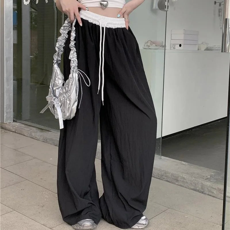 Chic Matching Loose Women's Wide Leg Pants Elastic Waist Drawstring Patchwork Straight Leg Pant Casual Streetwear New Sportswear