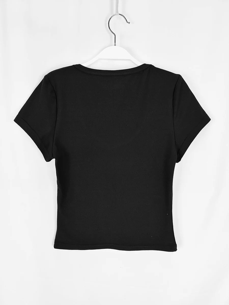 Sexy Deep U Neck T Shirts For Women Summer Short Sleeve Bodycon Slim Fit Tops Basic Solid Color Casual Streetwear Y2K Tee