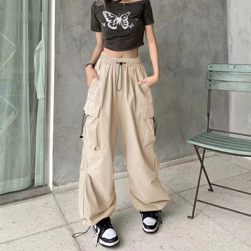 Chic Matching Loose Women's Wide Leg Pants Elastic Waist Drawstring Patchwork Straight Leg Pant Casual Streetwear New Sportswear