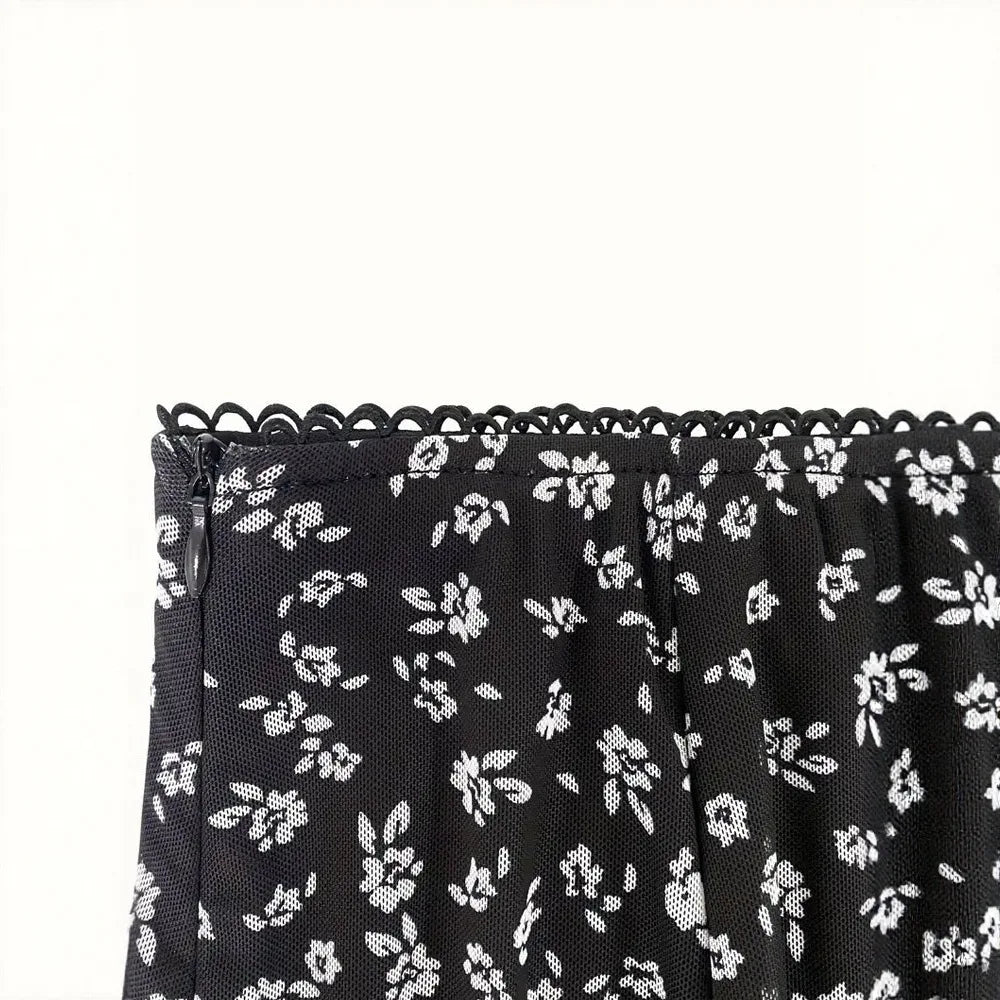 Elegant Mesh Double Layer Floral Skirts Women Summer High Waist Black Midi Skirt Ladies Vintage Ruffles Long Beach A-Line Breath