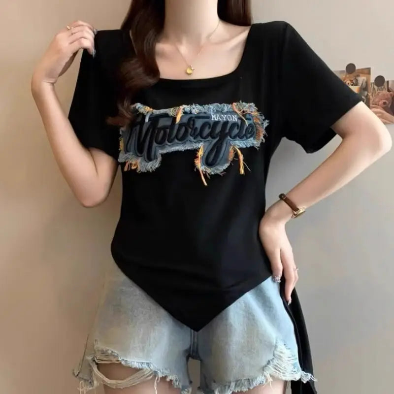 Summer Irregular Patchwork Contrast Letter Trend Tops Short Sleeve Plus Size High Street T Shirts Fashion Casual Women Clothing