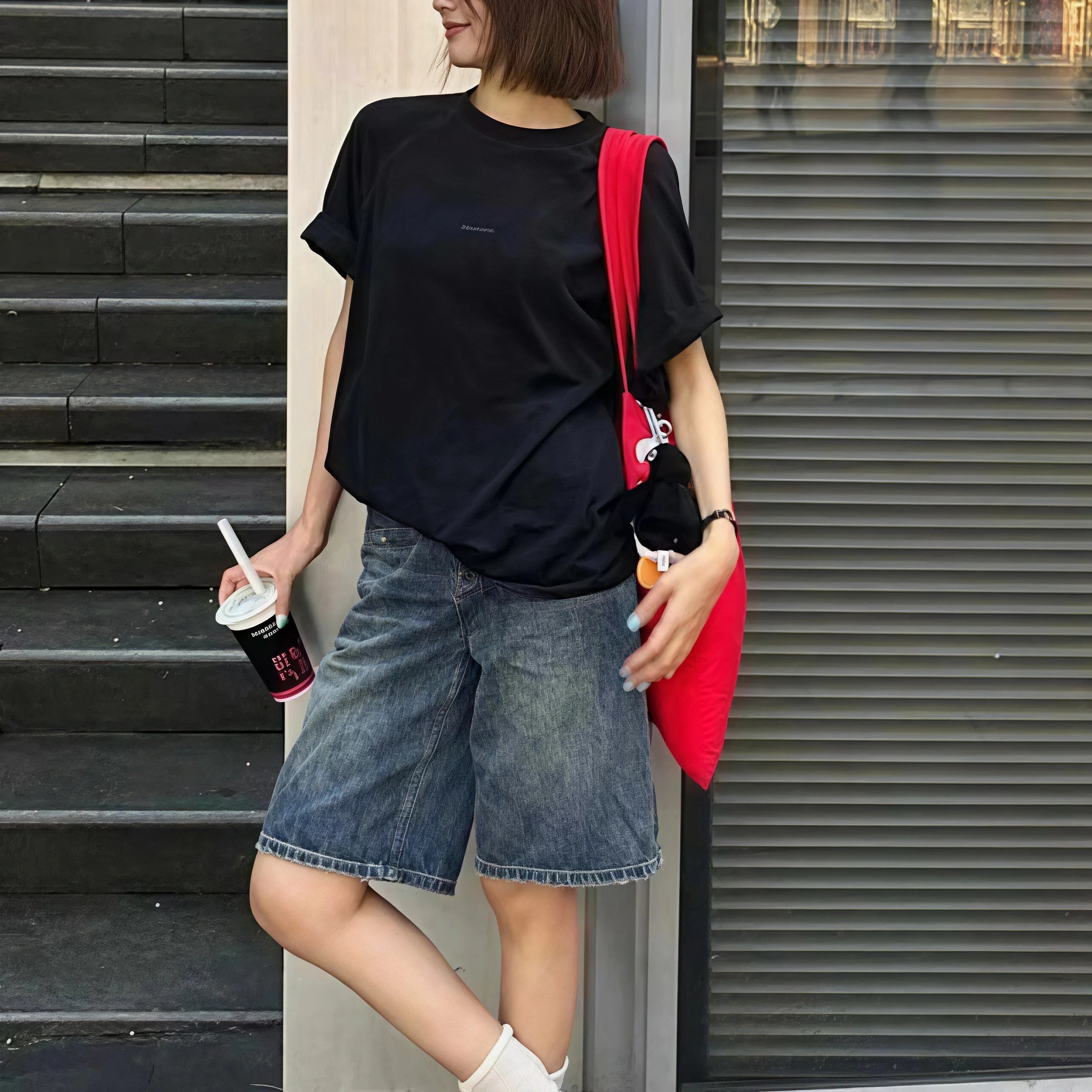 Y2K Retro Washed Blue Denim Bermuda Shorts For Women High‑Rise Loose Wide Leg Knee‑Length Casual Streetwear Jeans Pants