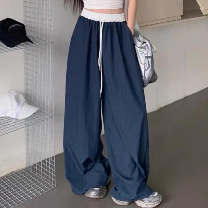 Chic Matching Loose Women's Wide Leg Pants Elastic Waist Drawstring Patchwork Straight Leg Pant Casual Streetwear New Sportswear
