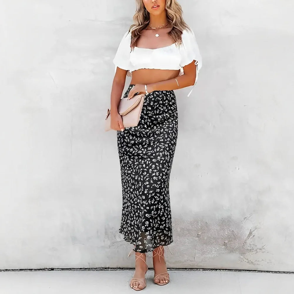 Elegant Mesh Double Layer Floral Skirts Women Summer High Waist Black Midi Skirt Ladies Vintage Ruffles Long Beach A-Line Breath