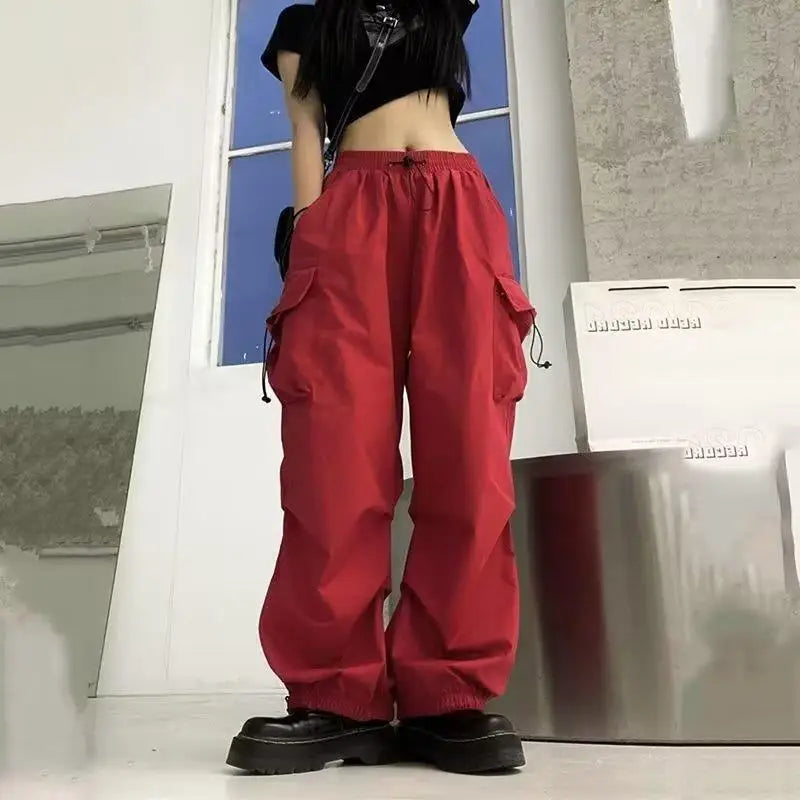 Chic Matching Loose Women's Wide Leg Pants Elastic Waist Drawstring Patchwork Straight Leg Pant Casual Streetwear New Sportswear