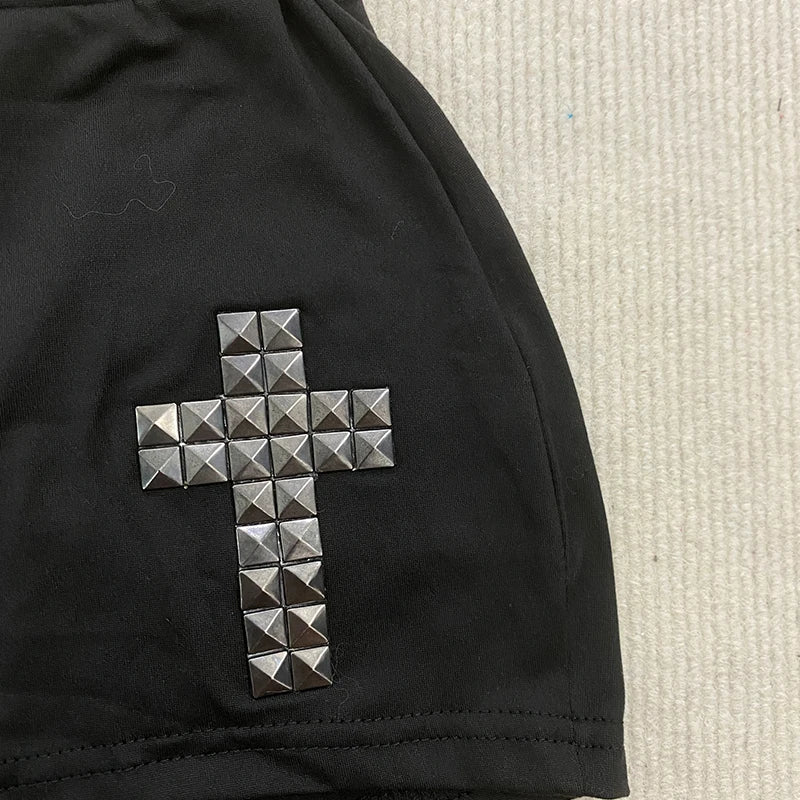 American Gothic Cross Rhinestone Decoration Low Waist Sexy Hot Pants Summer Casual Street Shorts Aesthetic Simple Slim Minipants