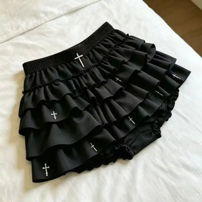 Japanese Y2k Cute Ruffled Plaid Skirt Subculture White Lace Cake Skirts Preppy Casual New Women Princess Puffy Skirts Mini Skirt
