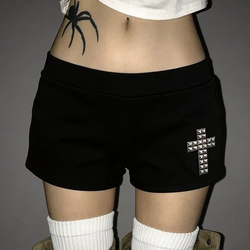 American Gothic Cross Rhinestone Decoration Low Waist Sexy Hot Pants Summer Casual Street Shorts Aesthetic Simple Slim Minipants